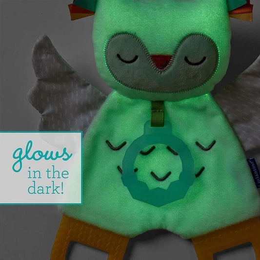 Infantino Cuddle & Teether Owl toy with glow-in-the-dark accents and textured silicone teething base.