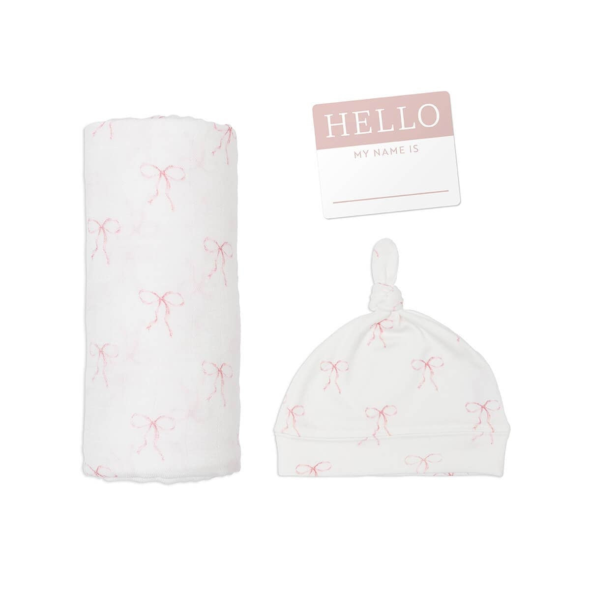 Lulujo Hello World Muslin Swaddle Blanket & Hat Set (0-4M) Vintage Bows