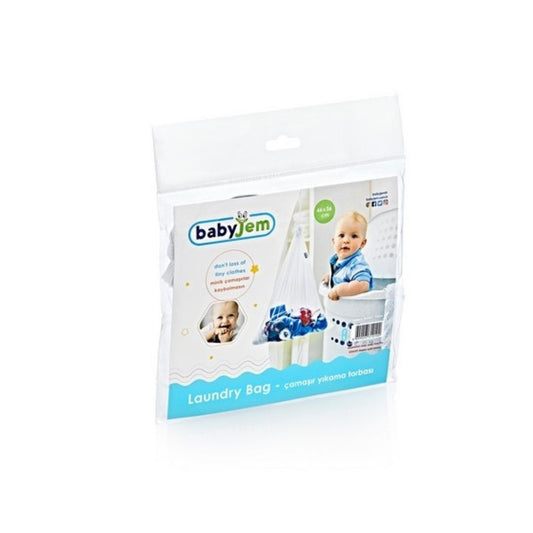 A white Babyjem mesh laundry bag for baby clothes with a secure zipper, sized 46x36 cm.