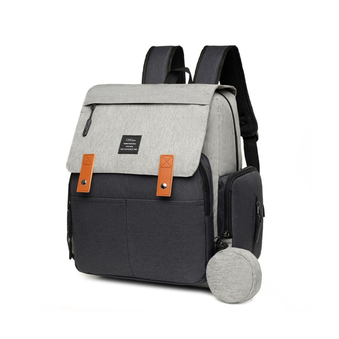Gray and black backpack with orange accents on a white background