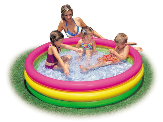 A 45-inch bright yellow and translucent 3-ring inflatable swimming pool for toddlers by Intex.