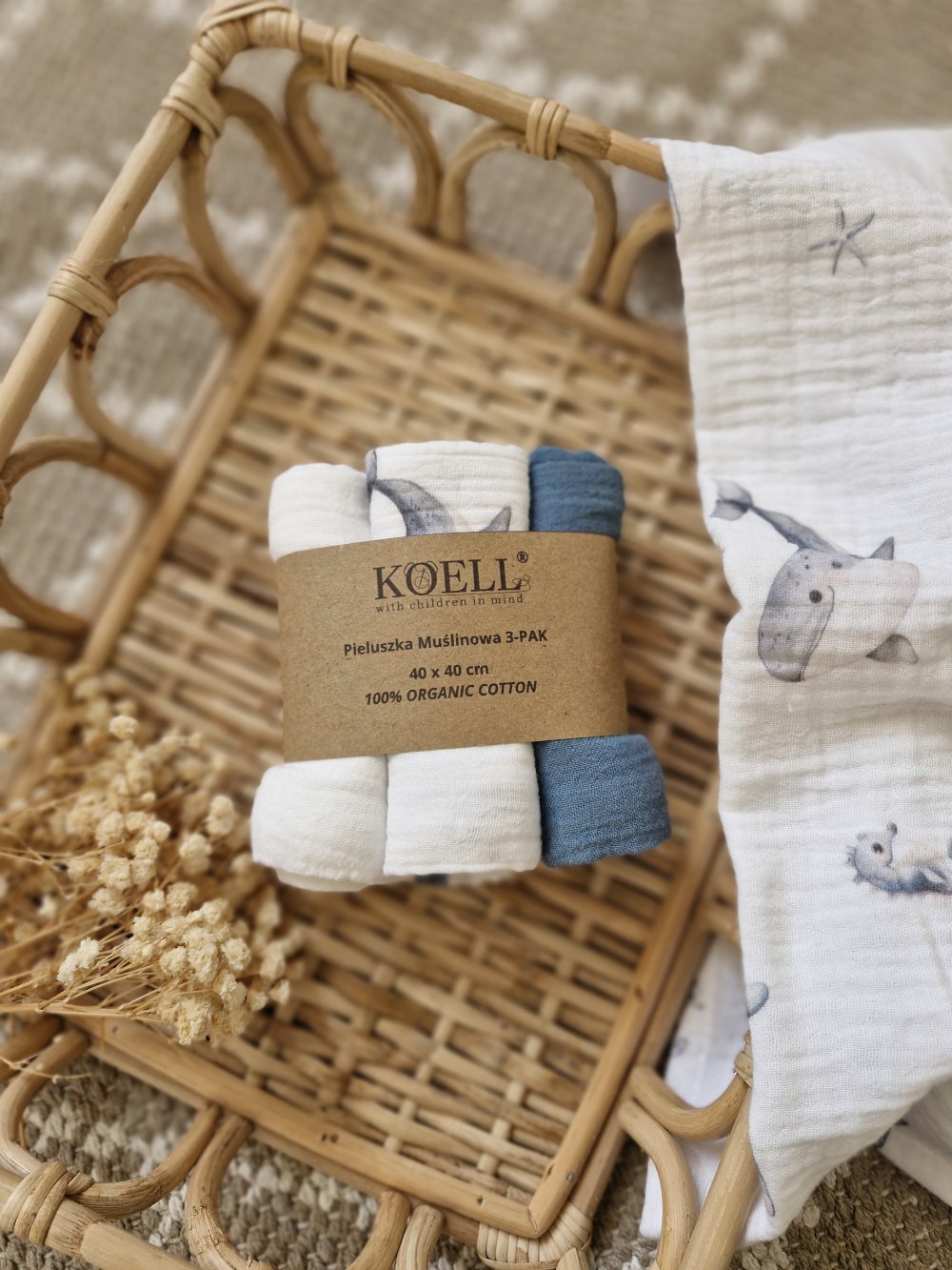 Three-Pack Muslin Diapers & Swaddle Cloths - Whales on White