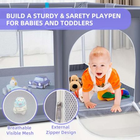 Grey Baby Playpen with Gate (150 x 150 cm)