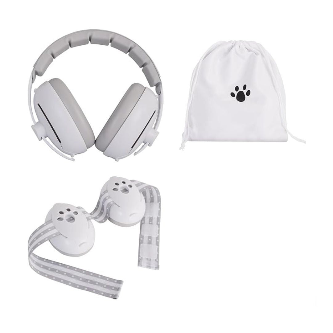 Grey baby noise protection earmuffs with a cute cartoon pattern and a soft, adjustable grey elastic headband.