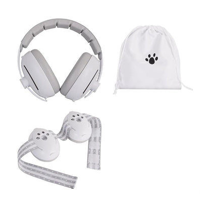 Grey baby noise protection earmuffs with a cute cartoon pattern and a soft, adjustable grey elastic headband.