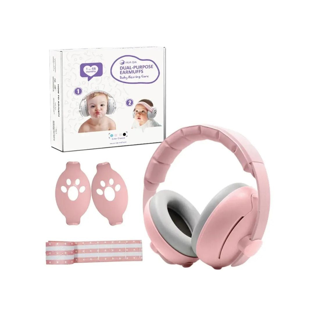 Pink baby noise protection earmuffs with a soft, adjustable pink elastic headband and padded ear cups.