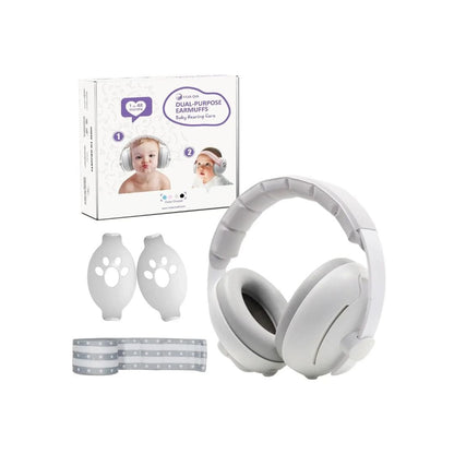 Clean white baby noise protection earmuffs with a soft, adjustable white elastic headband and padded ear cups.