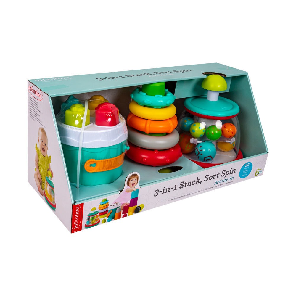 Infantino 3-in-1 Stack, Sort & Spin Activity Set - A World of Fun for Little Explorers!