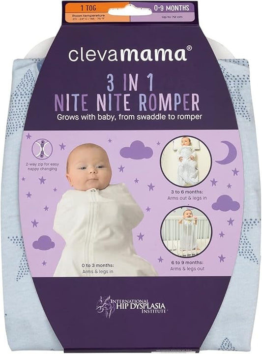 Clevamama 3-in-1 Nite Nite Romper - Grows with Baby from Swaddle to Romper