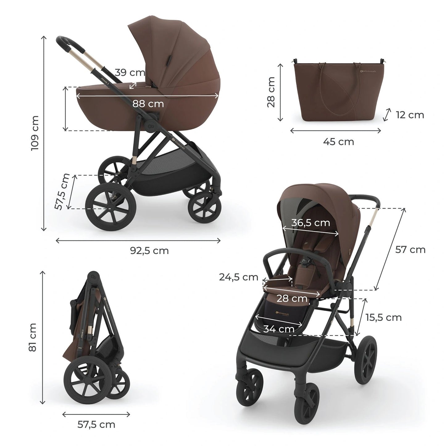 Kinderkraft: PRIME 3 3-in-1 Lightweight Stroller Set with Mink Pro 2 Car Seat - Brown