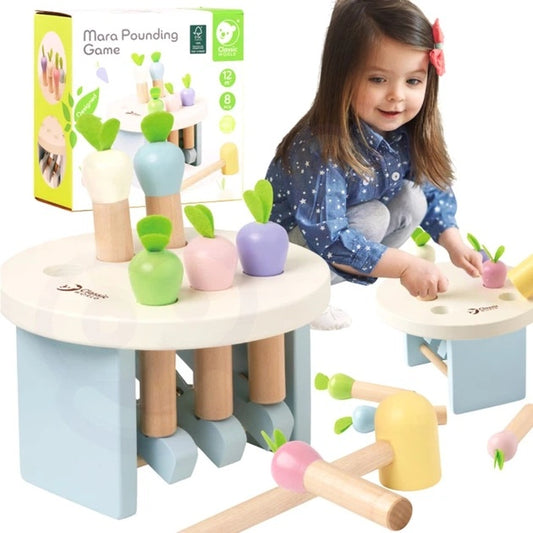 Classic World Wooden Hammer Bench Mara with hammer and pegs
Toddler playing with wooden pounding bench toy
Colorful wooden hammer bench with pegs detail
Classic World hammer toy safe rounded edges
Child using hammer bench toy for motor skill development