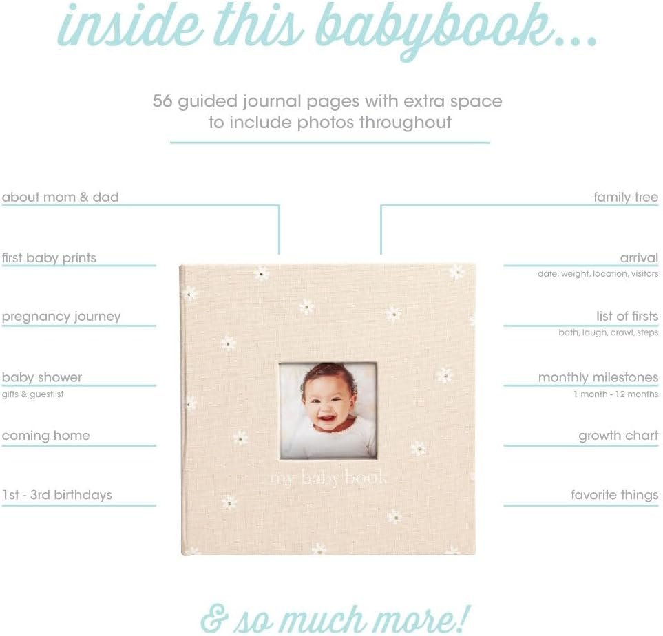 Pearhead Floral Linen Baby Memory Book – Beige & White Keepsake Scrapbook