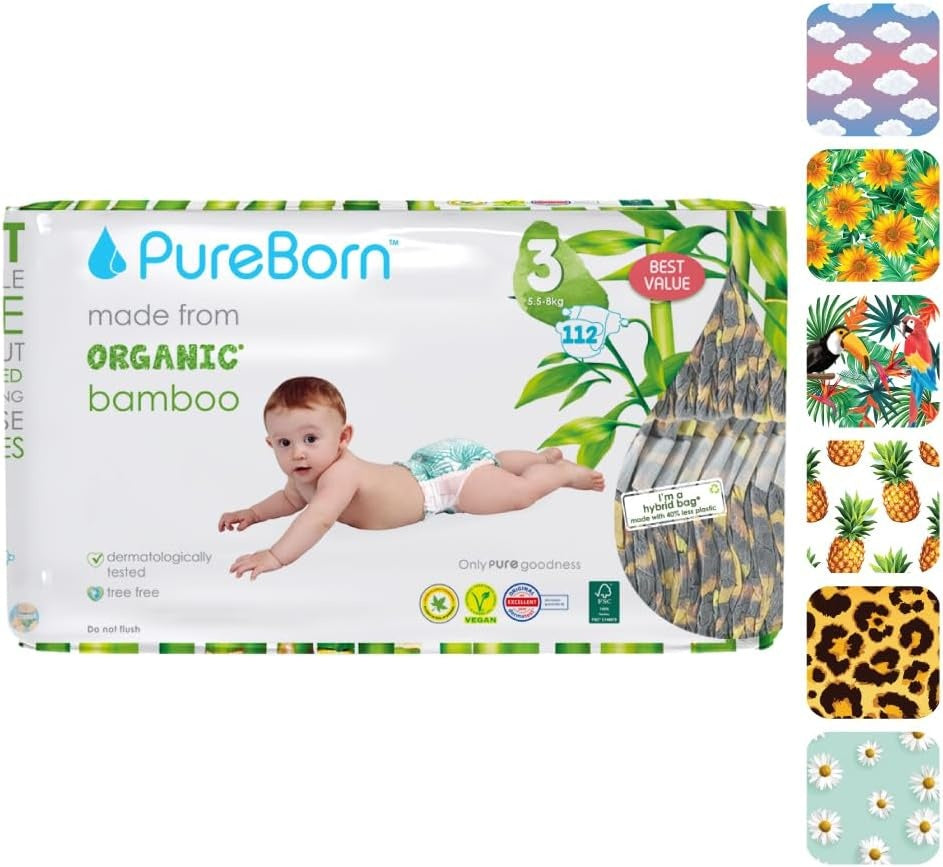 PureBorn Organic Bamboo Diapers Size 3-Assorted Trend Prints