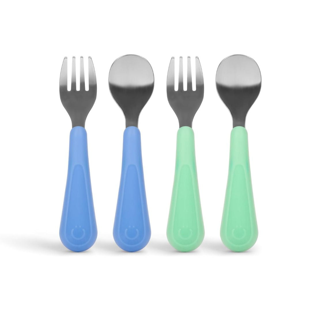 Ubbi: Toddler Stainless Steel Fork & Spoon Set (4-Pack) – Blue & Green