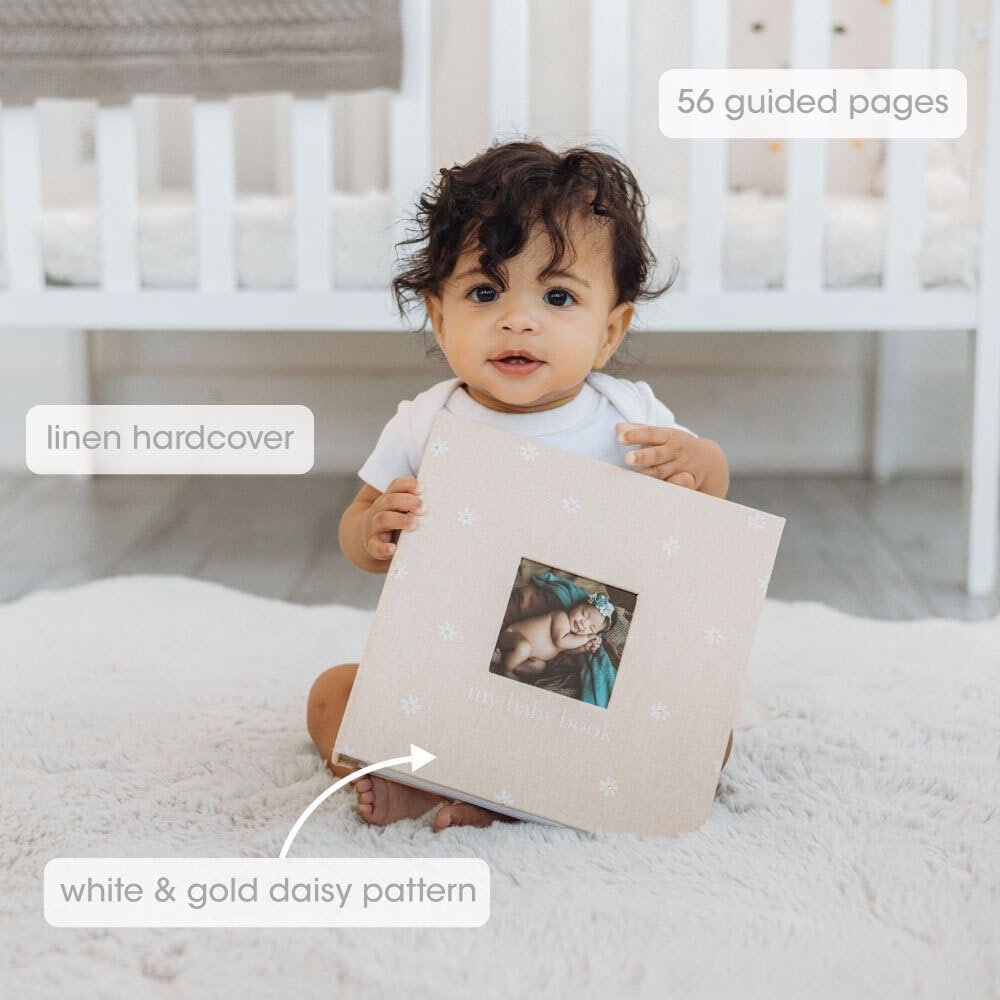 Pearhead Floral Linen Baby Memory Book – Beige & White Keepsake Scrapbook