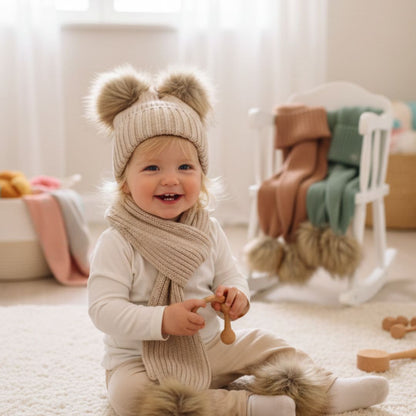 Baby Winter Ribbed Knit Beanie & Scarf Set with Faux Fur Pom-Poms