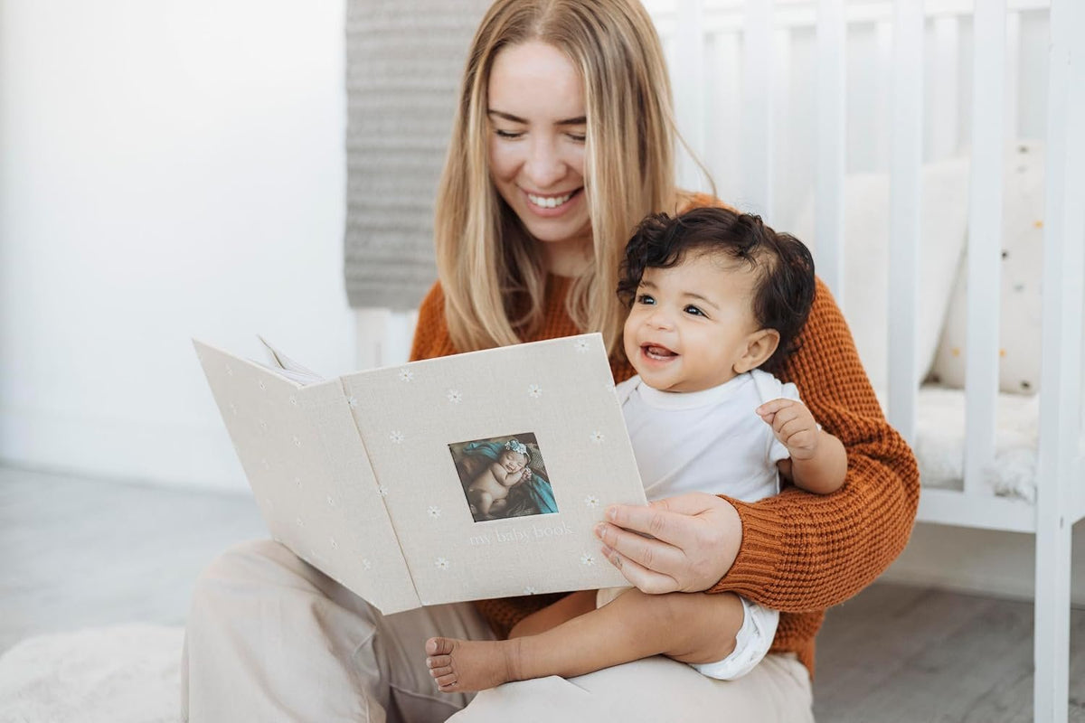Pearhead Floral Linen Baby Memory Book – Beige & White Keepsake Scrapbook