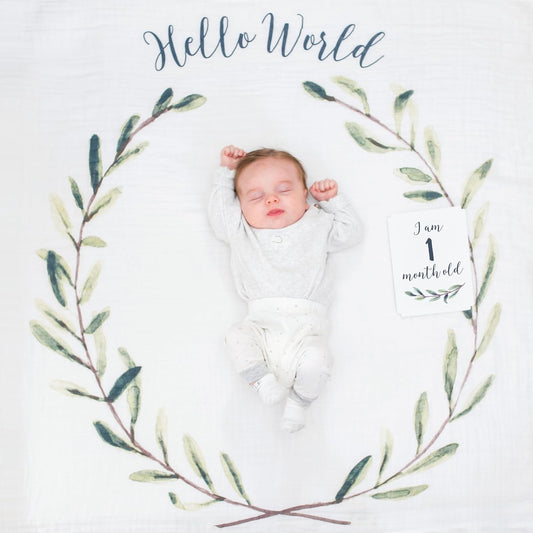 Lulujo Baby’s First Year Milestone Blanket and Card Set (Hello World)