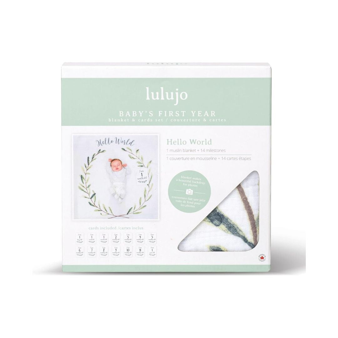 Lulujo Baby’s First Year Milestone Blanket and Card Set (Hello World)