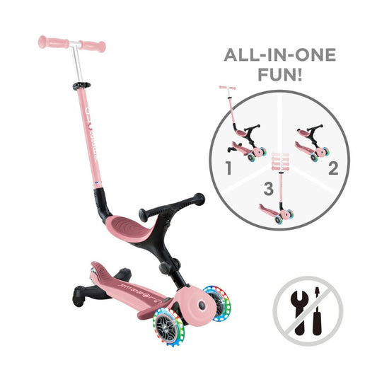Globber GO UP Active Lights 360 Ride-On Scooter – Pastel Pink  3-in-1 Scooter with Seat