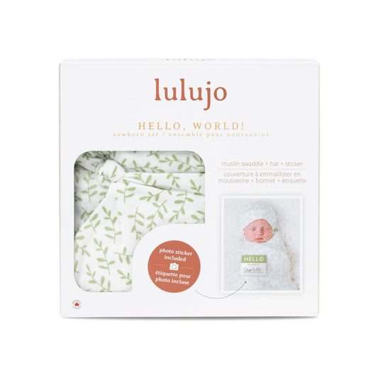 Lulujo Hello World Muslin Swaddle Blanket & Hat Set (Greenery)