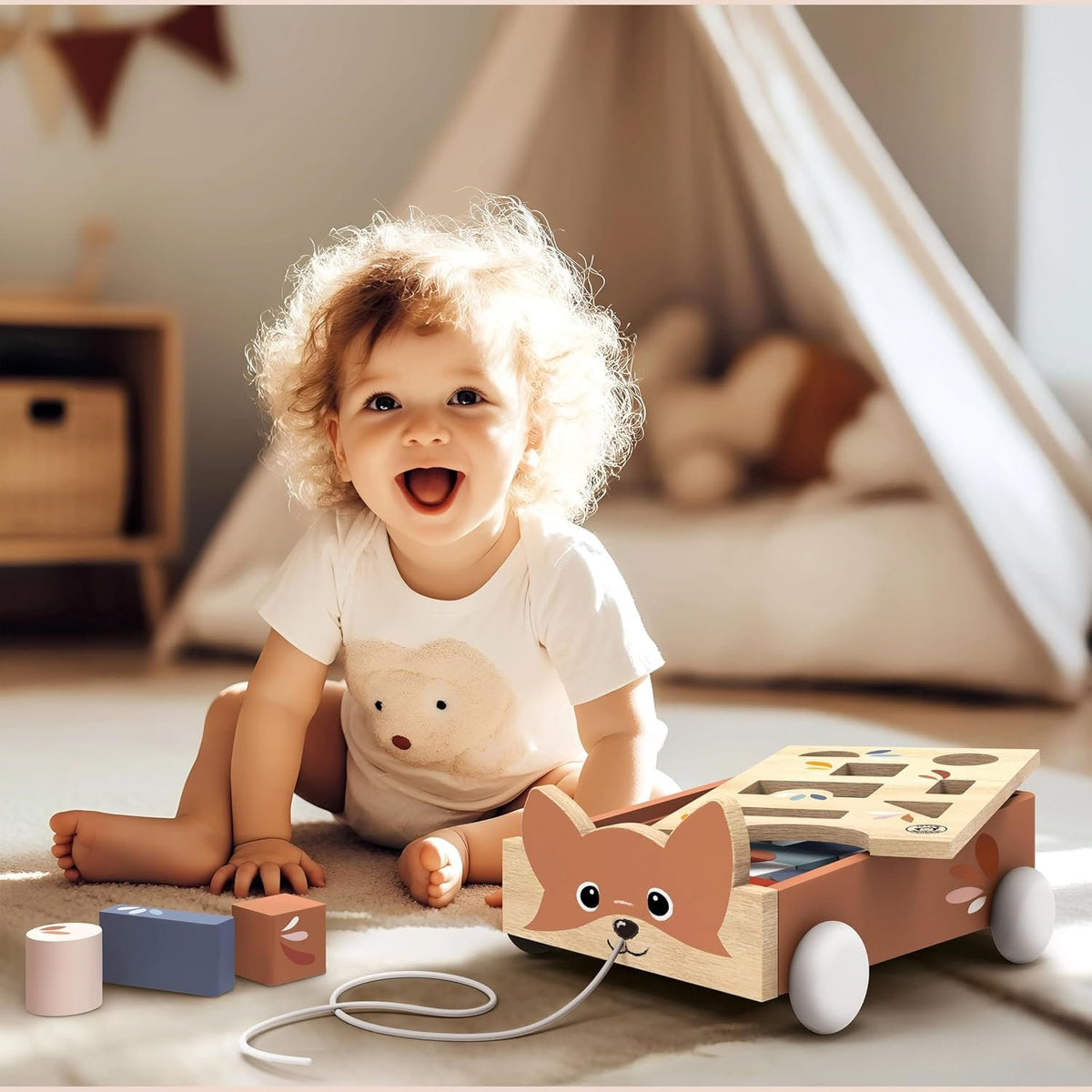 Speedy Monkey Wooden Fox Block Cart | Pull Toy