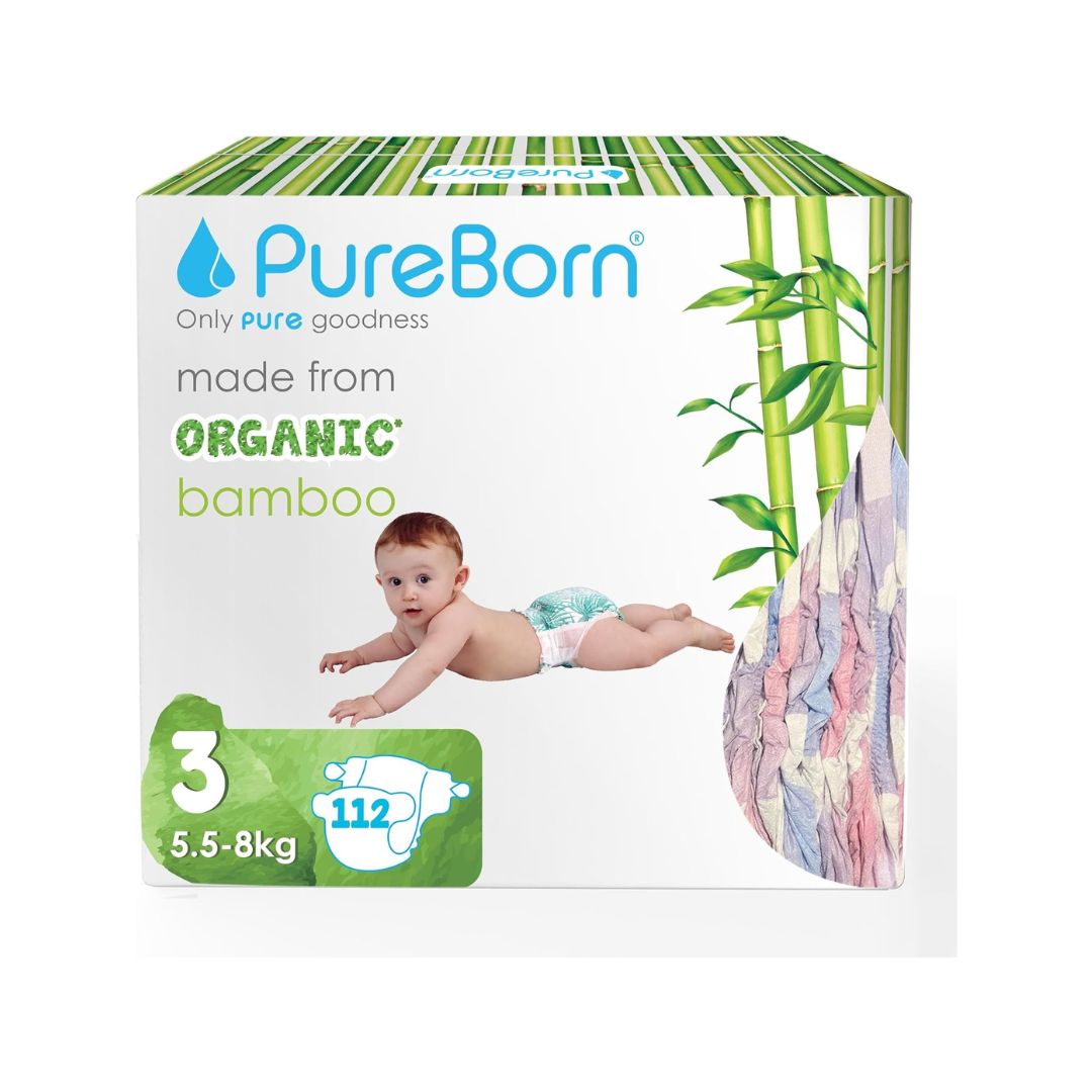 PureBorn Organic Bamboo Diapers Size 3-Assorted Trend Prints