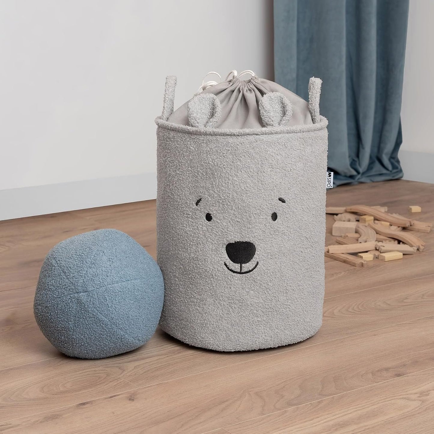 SIPO: Toy Basket XL Organizer 43L - Premium Bouclé Gray Teddy Bear