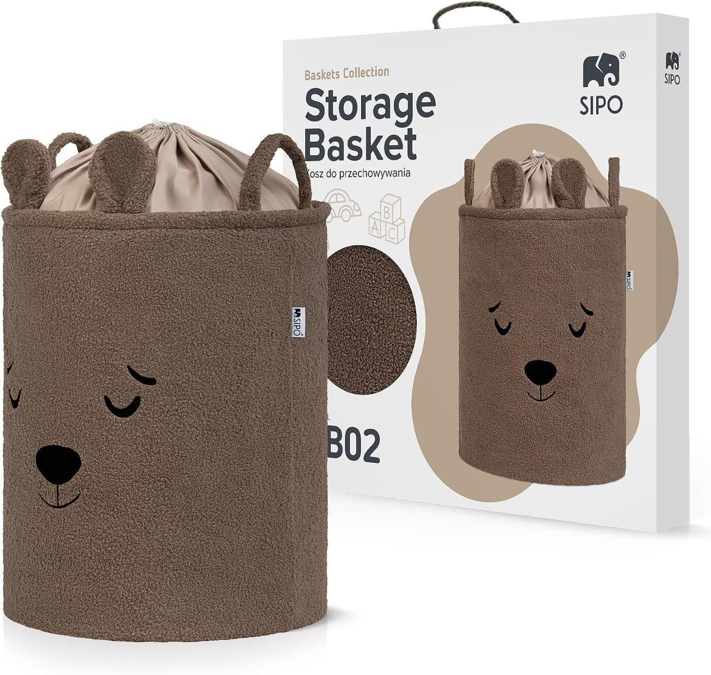 SIPO: Toy Basket XL Organizer 43L with Closure - Premium Bouclé Brown Teddy Bear