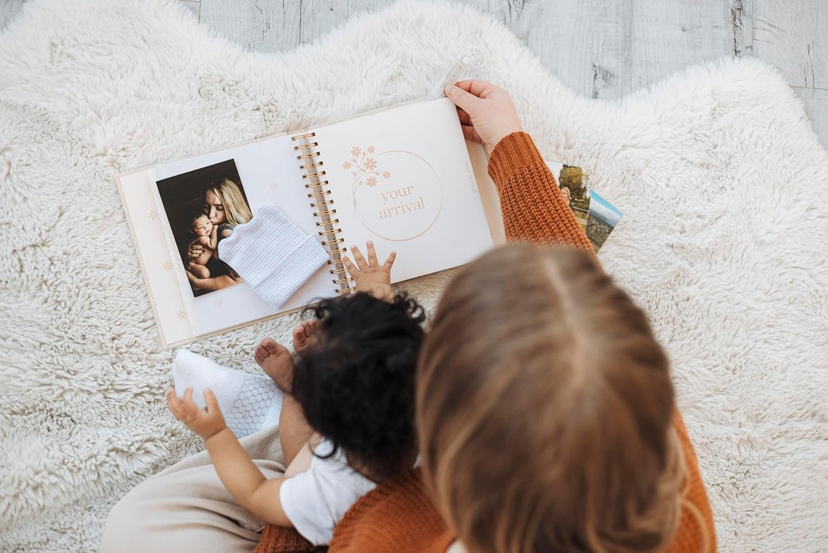 Pearhead Floral Linen Baby Memory Book – Beige & White Keepsake Scrapbook