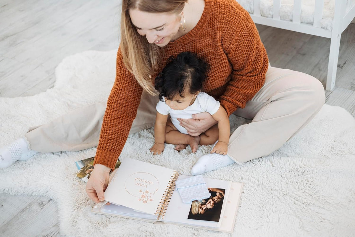 Pearhead Floral Linen Baby Memory Book – Beige & White Keepsake Scrapbook