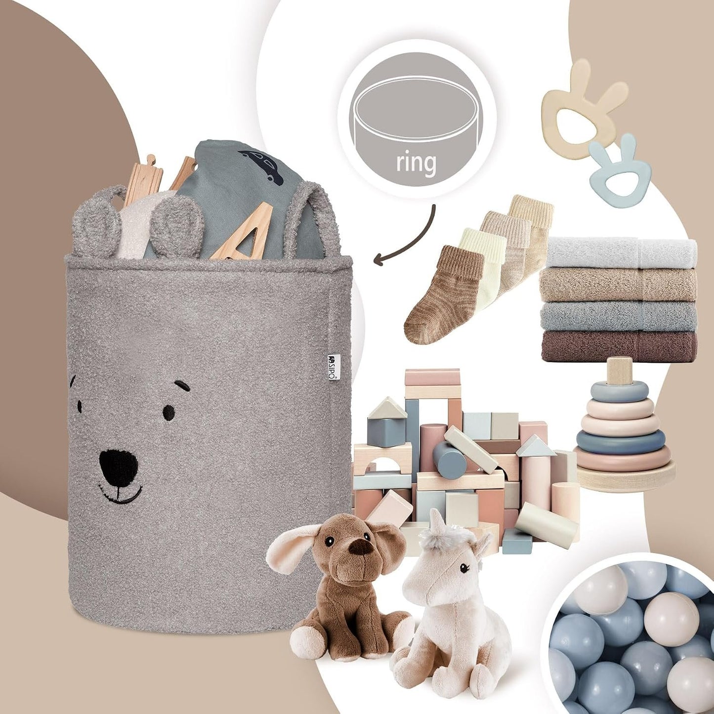 SIPO: Toy Basket XL Organizer 43L - Premium Bouclé Gray Teddy Bear