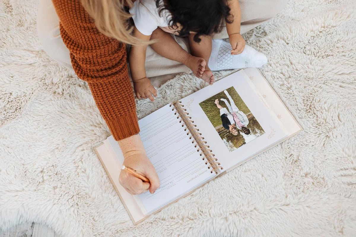 Pearhead Floral Linen Baby Memory Book – Beige & White Keepsake Scrapbook