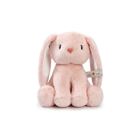Pink plush bunny toy with a heart on a white background