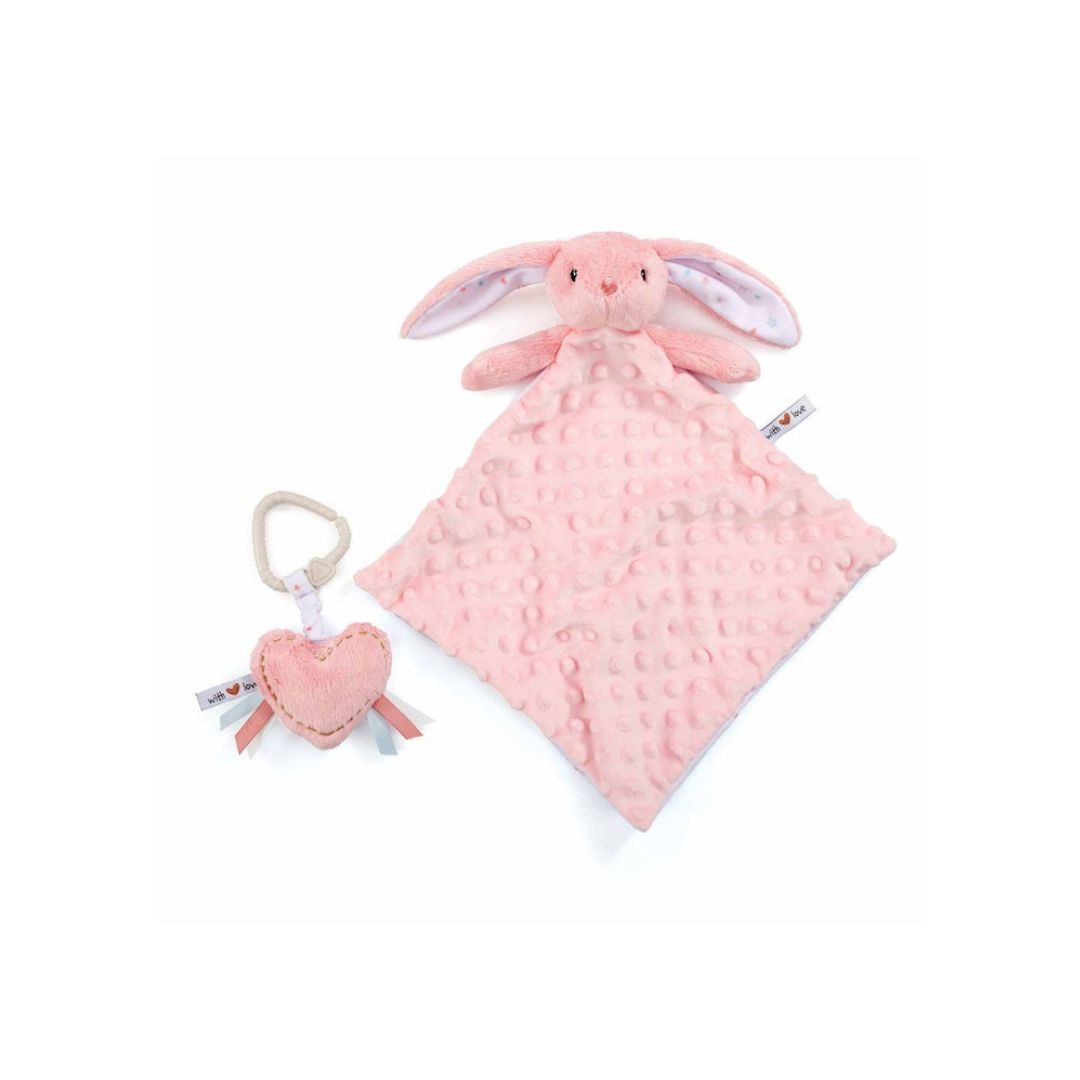 Pink plush bunny toy and heart-shaped rattle on a white background