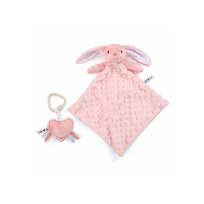 Pink plush bunny toy and heart-shaped rattle on a white background