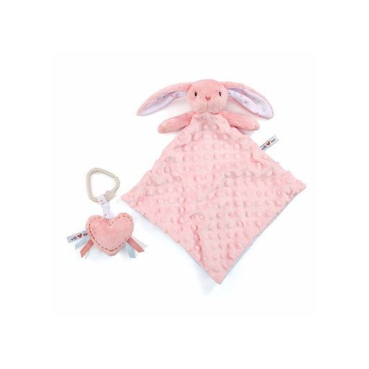 Pink plush bunny toy and heart-shaped rattle on a white background