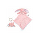 Pink plush bunny toy and heart-shaped rattle on a white background