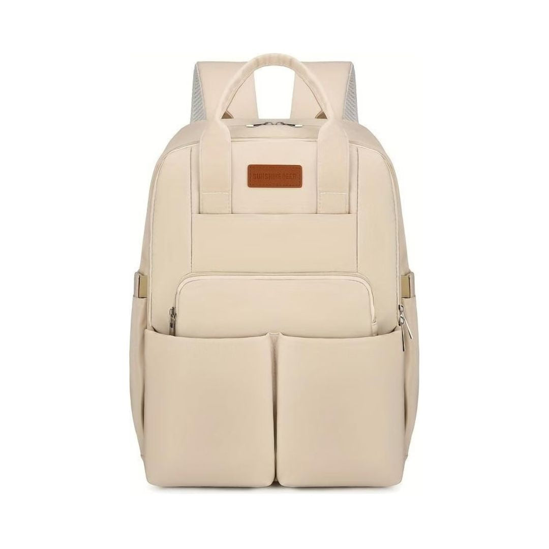 Beige backpack with a visible brand label on a white background
