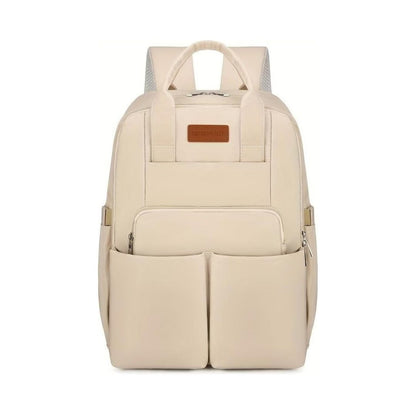 Beige backpack with a visible brand label on a white background