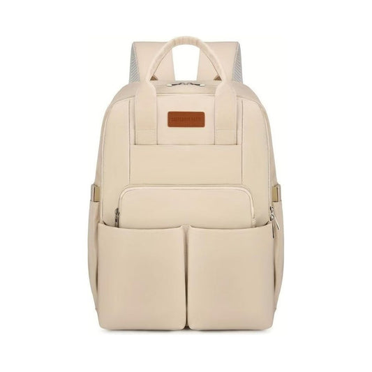 Beige backpack with a visible brand label on a white background
