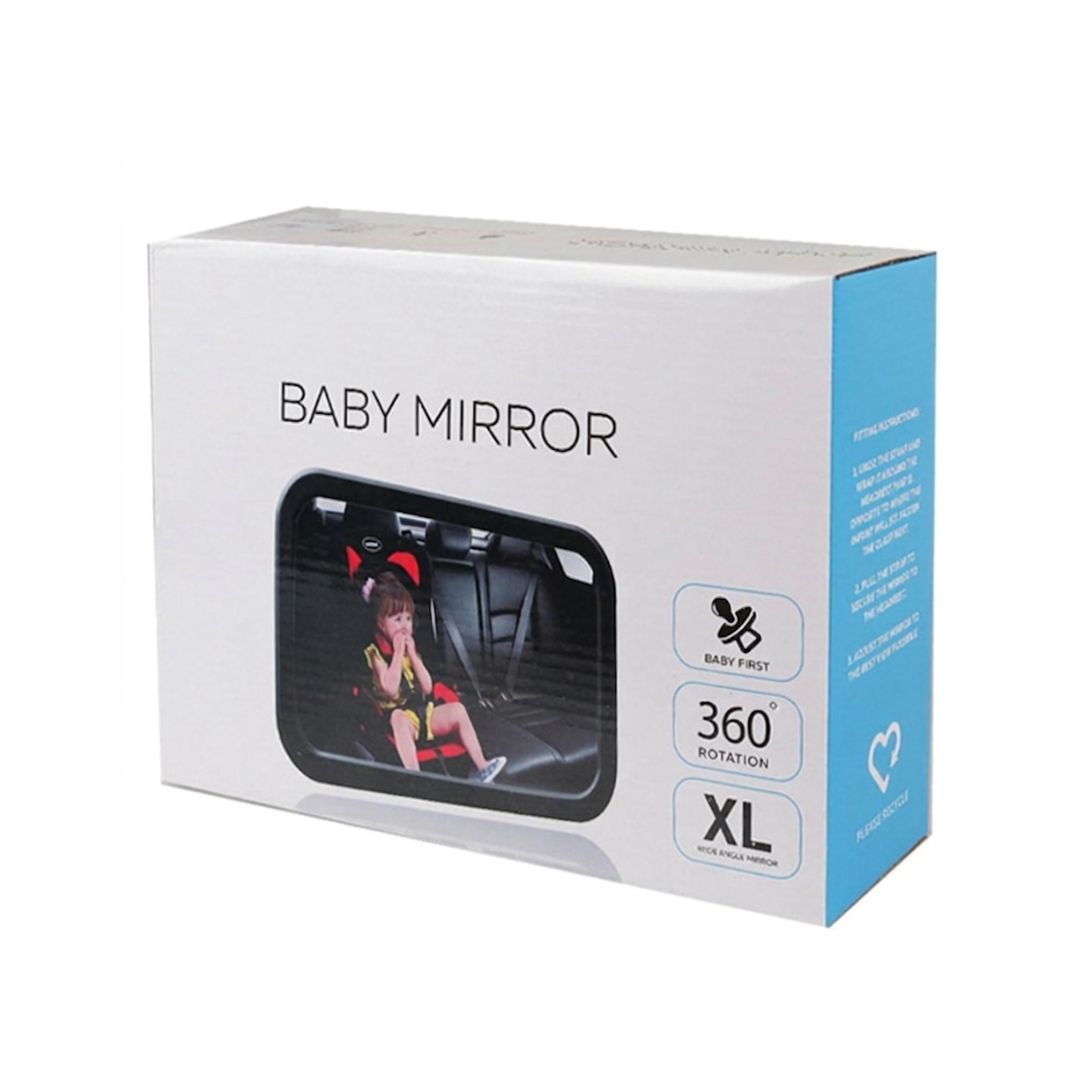 Box of a baby mirror with 360 rotation and XL size on a white background