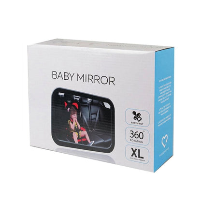 Box of a baby mirror with 360 rotation and XL size on a white background