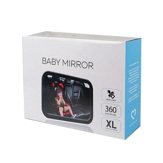 Box of a baby mirror with 360 rotation and XL size on a white background
