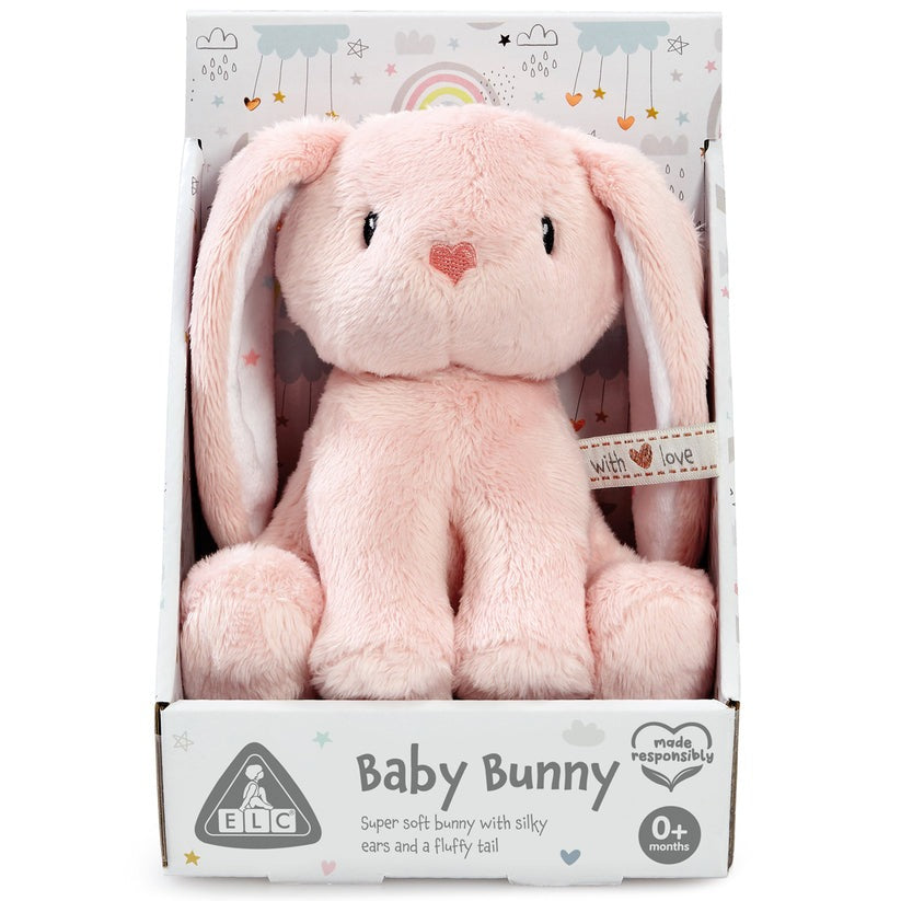 Pink plush bunny toy in packaging with ELC branding