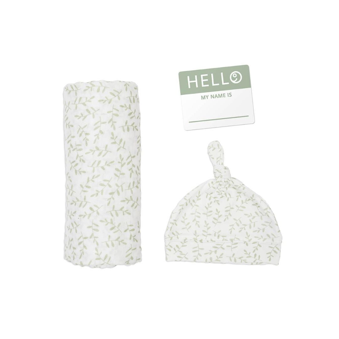 Lulujo Hello World Muslin Swaddle Blanket & Hat Set (Greenery)