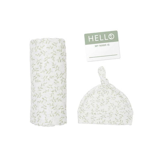 Lulujo Hello World Muslin Swaddle Blanket & Hat Set (Greenery)