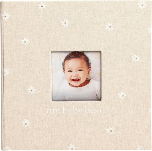 Pearhead Floral Linen Baby Memory Book – Beige & White Keepsake Scrapbook