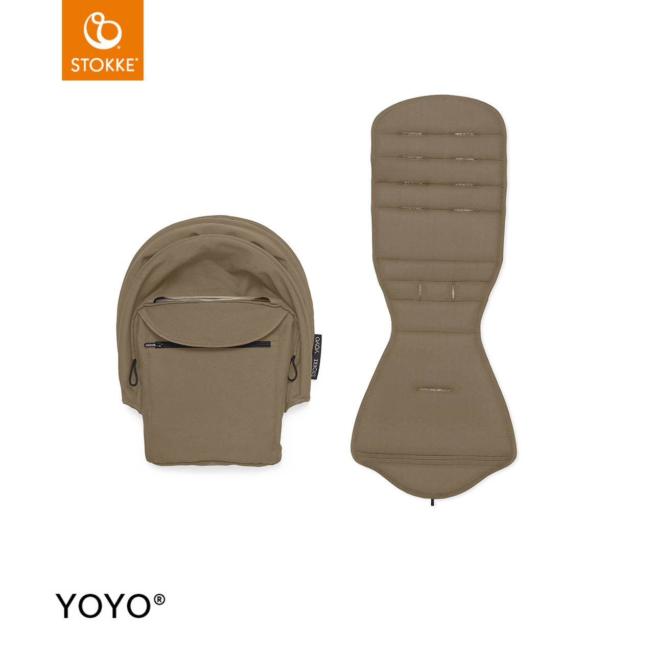 A STOKKE YOYO³ stroller with a warm Toffee brown canopy and matching seat pad on a black frame.