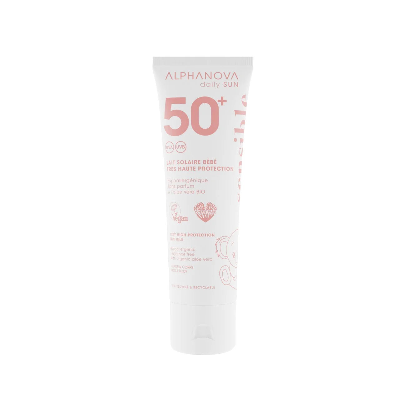 A tube of Alphanova Bio Baby Sun Cream with SPF 50+ protection, labeled for baby skin.-Babybuzz Lebanon